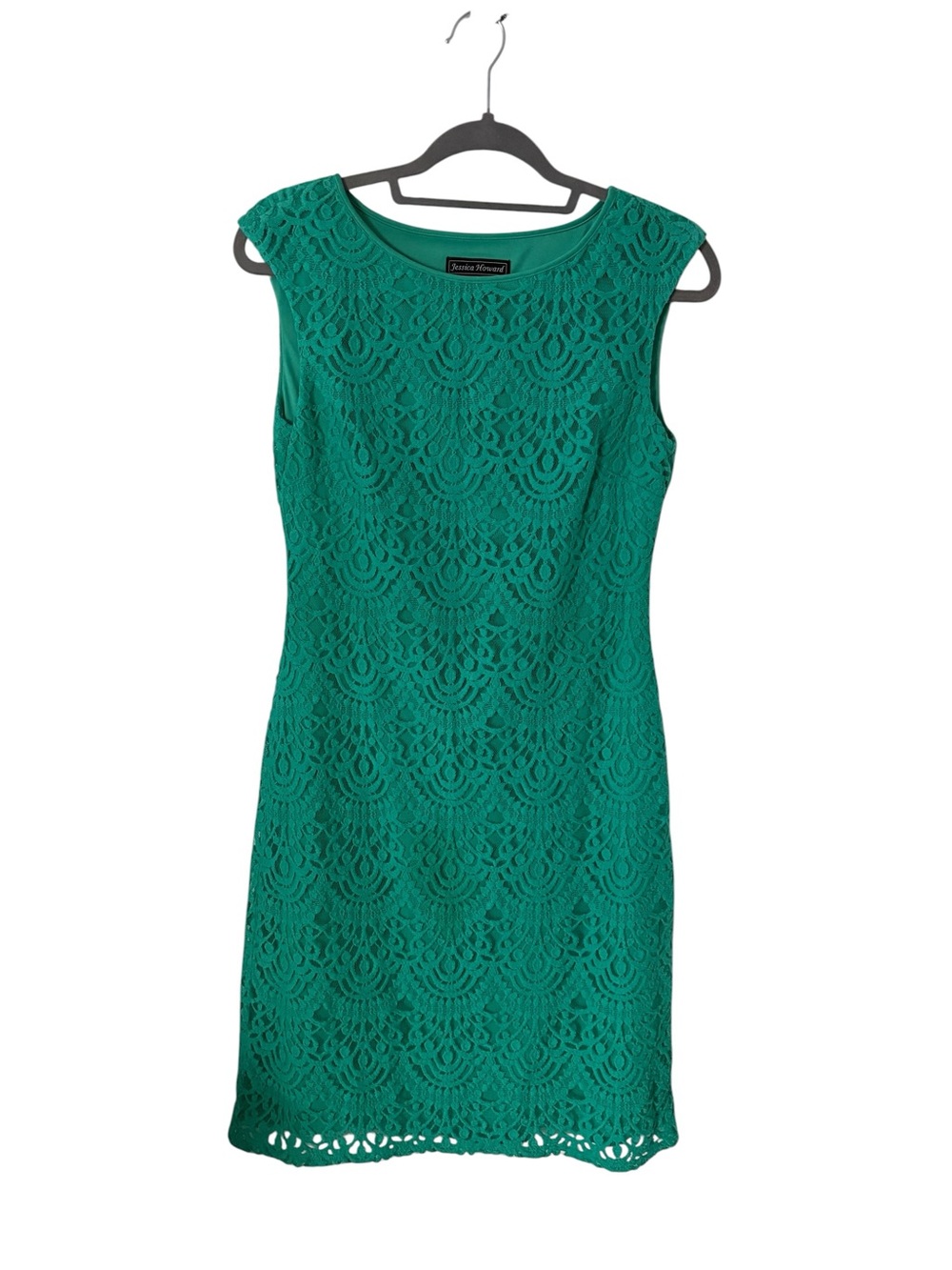 Jessica Howard Dress SIZE 4 Teal Sheath Sleeveless Midi Cocktail Lace Overlay